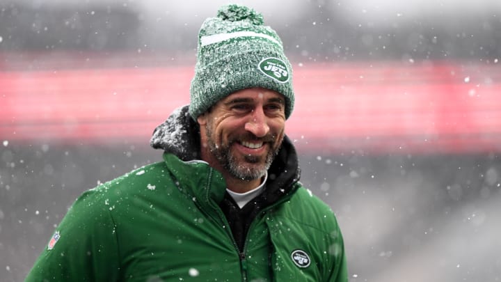 Jan 7, 2024; Foxborough, Massachusetts, USA; New York Jets quarterback Aaron Rodgers (8)  walks off of the field before a game against the New England Patriots at Gillette Stadium.
