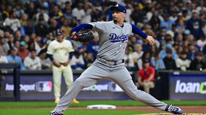 Oct 13, 2025; Milwaukee, Wisconsin, USA; Los Angeles Dodgers starting pitcher Blake Snell (7) throws during the first inning against the Milwaukee Brewers during game one of the NLCS round for the 2025 MLB playoffs at American Family Field. Mandatory Credit: Benny Sieu-Imagn Images Oct 13, 2025; Milwaukee, Wisconsin, USA; Los Angeles Dodgers starting pitcher Blake Snell (7) throws during the first inning against the Milwaukee Brewers during game one of the NLCS round for the 2025 MLB playoffs at American Family Field. Mandatory Credit: Benny Sieu-Imagn Images