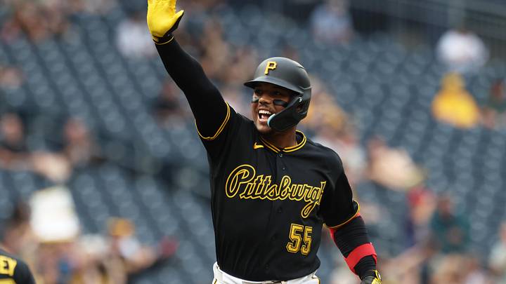 May 26, 2026; Pittsburgh, Pennsylvania, USA;  Pittsburgh Pirates right fielder Esmerlyn Valdez (55) gestures as he circles the bases on a two run home run against the Chicago Cubs during the first inning at PNC Park. Mandatory Credit: Charles LeClaire-Imagn Images