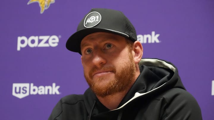 Sep 26, 2025; Dublin, Ireland; Minnesota Vikings quarterback Carson Wentz (11) at press conference at Sport Ireland Campus. Mandatory Credit: Kirby Lee-Imagn Images