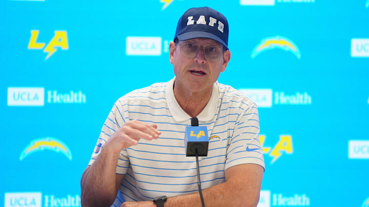 Jan 15, 2025; El Segundo, CA, USA; Los Angeles Chargers coach Jim Harbaugh at a press conference at The Bolt.