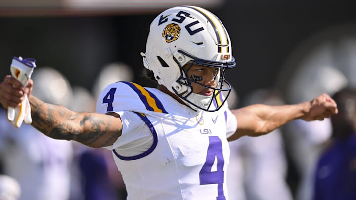 Oct 18, 2025; Nashville, Tennessee, USA;  Louisiana State Tigers wide receiver Nic Anderson (4) stretches against the Vanderbilt Commodores during pre-game warmups at FirstBank Stadium. Mandatory Credit: Steve Roberts-Imagn Images