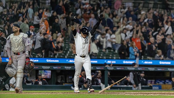 May 13, 2025; Detroit, Michigan, USA; Detroit Tigers third base Javier Báez (28) reacts after hitting the game winning walk off home run in the eleventh inning off of Boston Red Sox pitcher Greg Weissert (57) (not pictured) at Comerica Park. Mandatory Credit: David Reginek-Imagn Images