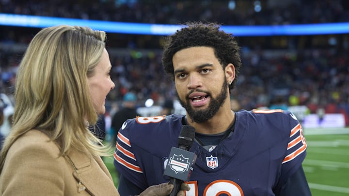 Oct 13, 2024; London, United Kingdom; Stacey Dales, NFL Network reporter, and Chicago Bears quarterback Caleb Williams (18) after an NFL International Series game at Tottenham Hotspur Stadium.