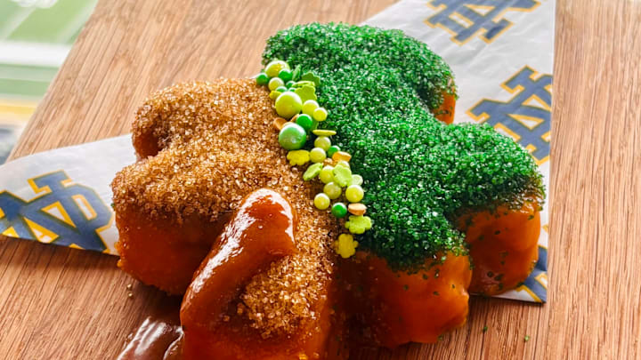 Bread Pudding Shamrocks with Frighting Irish Caramel Sauce at Notre Dame playoff game