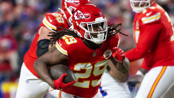 Jan 26, 2025; Kansas City, MO, USA; Kansas City Chiefs running back Kareem Hunt (29) against the Buffalo Bills in the AFC Championship game at GEHA Field at Arrowhead Stadium. Mandatory Credit: Mark J. Rebilas-Imagn Images