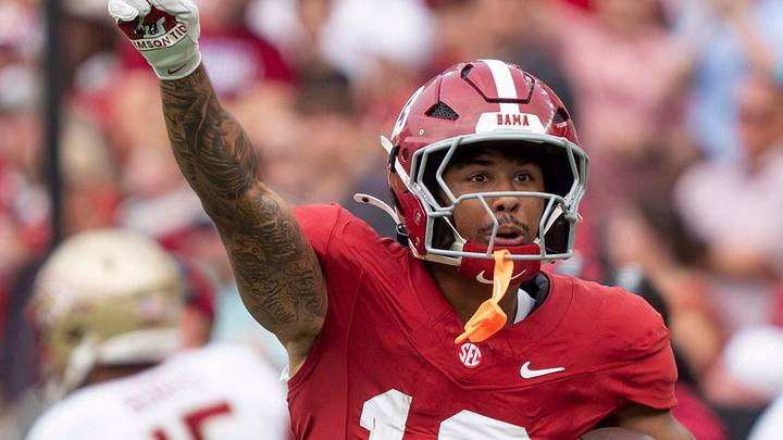 Sep 19, 2026; Tuscaloosa, AL, USA;  Alabama defensive back Ivan Taylor (13) celebrates after intercepting a pass by Florida State defensive back Ma'Khi Jones (14) at Bryant-Denny Stadium. Alabama defeated Florida State 50-36. Mandatory Credit: Gary Cosby Jr.-Tuscaloosa News