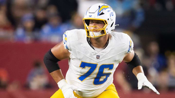 Oct 21, 2024; Glendale, Arizona, USA; Los Angeles Chargers offensive tackle Joe Alt (76) against the Arizona Cardinals at State Farm Stadium. Mandatory Credit: Mark J. Rebilas-Imagn Images