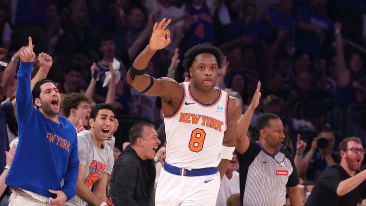 May 19, 2024; New York, New York, USA; New York Knicks forward OG Anunoby (8) celebrates his three-point shot against the Indiana Pacers during the first quarter of Game 7 of the second round of the 2024 NBA playoffs at Madison Square Garden. May 19, 2024; New York, New York, USA; New York Knicks forward OG Anunoby (8) celebrates his three-point shot against the Indiana Pacers during the first quarter of Game 7 of the second round of the 2024 NBA playoffs at Madison Square Garden.