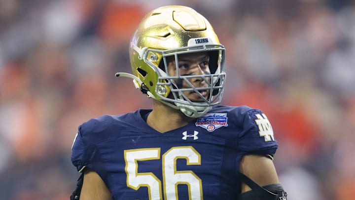 Jan 1, 2022; Glendale, Arizona, USA; Notre Dame Fighting Irish defensive lineman Howard Cross III (56) against the Oklahoma State Cowboys in the 2022 Fiesta Bowl at State Farm Stadium. Mandatory Credit: Mark J. Rebilas-Imagn Images
Jan 1, 2022; Glendale, Arizona, USA; Notre Dame Fighting Irish defensive lineman Howard Cross III (56) against the Oklahoma State Cowboys in the 2022 Fiesta Bowl at State Farm Stadium. Mandatory Credit: Mark J. Rebilas-Imagn Images