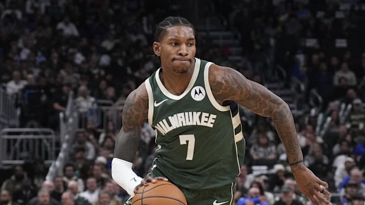 Oct 22, 2025; Milwaukee, Wisconsin, USA; Milwaukee Bucks guard Kevin Porter Jr. (7) drives to the basket against the Washington Wizards in the first half at Fiserv Forum. Mandatory Credit: Michael McLoone-Imagn Images