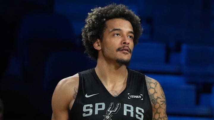 Dec 12, 2025; Las Vegas, NV, USA; San Antonio Spurs forward Jeremy Sochan (10) during practice prior to the Emirates Cup semifinals at T-Mobile Arena. Mandatory Credit: Kirby Lee-Imagn Images
