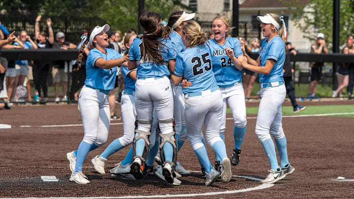Mount St. Dominic celebrates their win against Donovan Catholic during the NJSIAA Non-Public A high school softball state championship game at Ivy Hill Park in Newark, NJ Wednesday June 11, 2025.