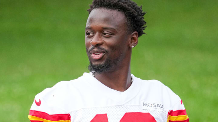Jul 22, 2025; St. Joseph, MO, USA; Kansas City Chiefs safety Nazeeh Johnson (13) walks down the hill to the practice fields during training camp at Missouri Western State University.