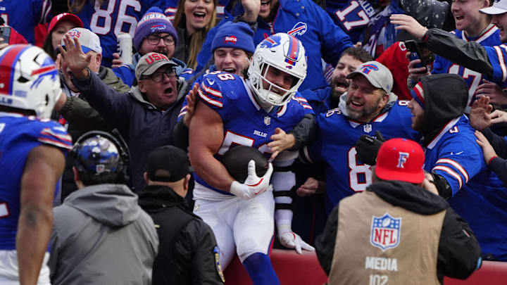 Dec 29, 2024; Orchard Park, New York, USA; Buffalo Bills linebacker Matt Milano (58) celebrates a fumble recovery with fans during the second half against the New York Jets at Highmark Stadium. 