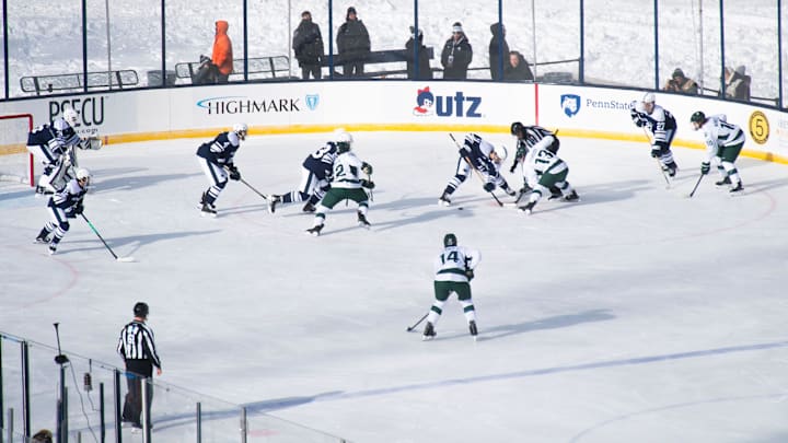 Penn State's Luke Misa (11) vies for a faceoff against Michigan State's Tiernan Shoudy during a Big Ten game inside Beaver Stadium on January 31, 2026, in State College. Penn State's Luke Misa (11) vies for a faceoff against Michigan State's Tiernan Shoudy during a Big Ten game inside Beaver Stadium on January 31, 2026, in State College.