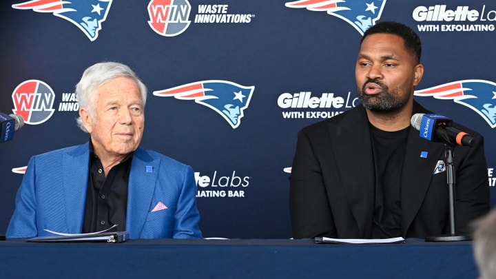 Jan 17, 2024; Foxborough, MA, USA; New England Patriots head coach Jerod Mayo (right) addresses