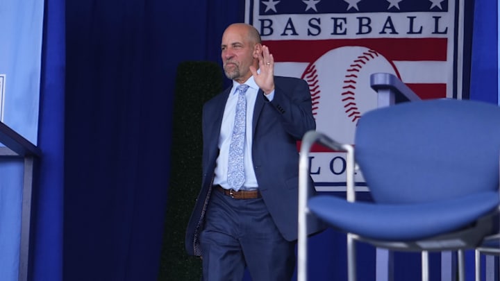 Jul 21, 2024; Cooperstown, New York, USA; Hall of Famer John Smoltz is introduced during the National Baseball Hall of Fame Induction Ceremony in Cooperstown, NY. Mandatory Credit: Gregory Fisher-USA TODAY Sports