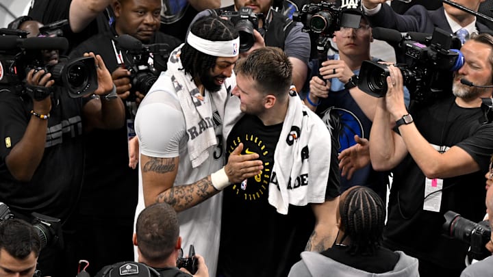 Apr 9, 2025; Dallas, Texas, USA; Los Angeles Lakers guard Luka Doncic (77) and Dallas Mavericks forward Anthony Davis (3) after the game between the Dallas Mavericks and the Los Angeles Lakers at American Airlines Center. Mandatory Credit: Jerome Miron-Imagn Images