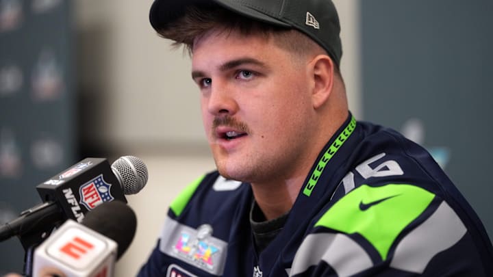 Feb 5, 2026; San Jose, CA, USA; Seattle Seahawks guard Grey Zabel (76) talks to media members at the San Jose Marriott.