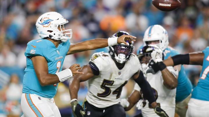 Miami Dolphins quarterback Tua Tagovailoa (1) throws against the Baltimore Ravens during the third quarter of the game at Hard Rock Stadium in 2021.