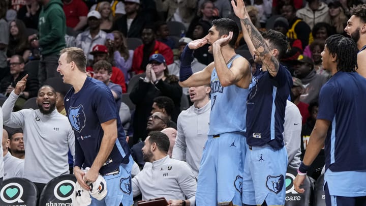 Mar 26, 2023; Atlanta, Georgia, USA; The Memphis Grizzlies bench reacts after a basket against the Atlanta Hawks during the second half at State Farm Arena. Mandatory Credit: Dale Zanine-USA TODAY Sports