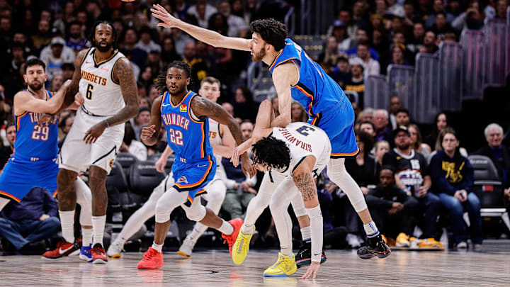 Dec 29, 2023; Denver, Colorado, USA; Oklahoma City Thunder forward Chet Holmgren (7) and Denver