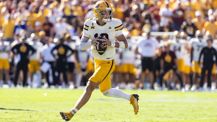 Oct 18, 2025; Tempe, Arizona, USA; Arizona State Sun Devils quarterback Sam Leavitt (10) against the Texas Tech Red Raiders at Mountain America Stadium. Mandatory Credit: Mark J. Rebilas-Imagn Images