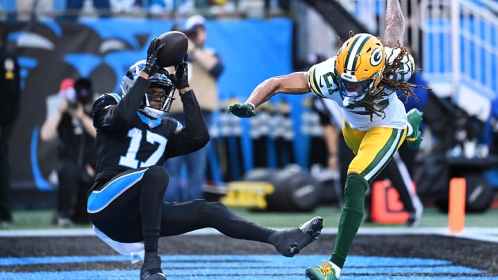 Carolina Panthers wide receiver DJ Chark Jr. makes a touchdown catch vs. Green Bay Packers cornerback Eric Stokes.