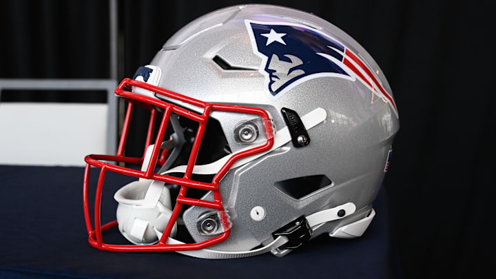 Jan 17, 2024; Foxborough, MA, USA; A New England Patriots helmet sits on a table at Gillette Stadium. Mandatory Credit: Eric Canha-Imagn Images Jan 17, 2024; Foxborough, MA, USA; A New England Patriots helmet sits on a table at Gillette Stadium. Mandatory Credit: Eric Canha-Imagn Images