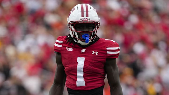 Sep 20, 2025; Madison, Wisconsin, USA;  Wisconsin Badgers cornerback Geimere Latimer II (1) during the game against the Maryland Terrapins at Camp Randall Stadium. Mandatory Credit: Jeff Hanisch-Imagn Images