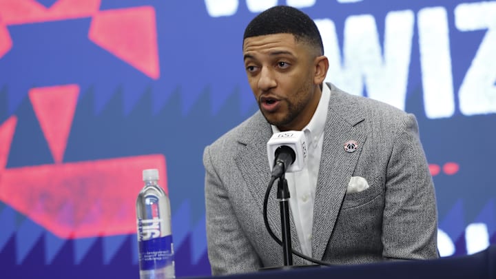 Jan 9, 2026; Washington, District of Columbia, USA; Washington Wizards general manager Will Dawkins  introduces newly acquired Wizards guard Trae Young (not pictured) at a press conference prior to the Wizards' game against the New Orleans Pelicans at Capital One Arena. Mandatory Credit: Geoff Burke-Imagn Images