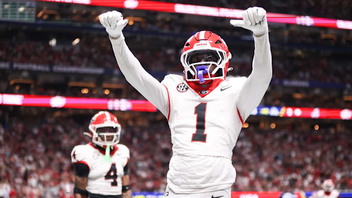 Dec 6, 2025; Atlanta, GA, USA; Georgia Bulldogs defensive back Ellis Robinson IV (1) celebrates after an incomplete pass in the end zone during the fourth quarter against the Alabama Crimson Tide during the 2025 SEC Championship game at Mercedes-Benz Stadium. Mandatory Credit: Brett Davis-Imagn Images