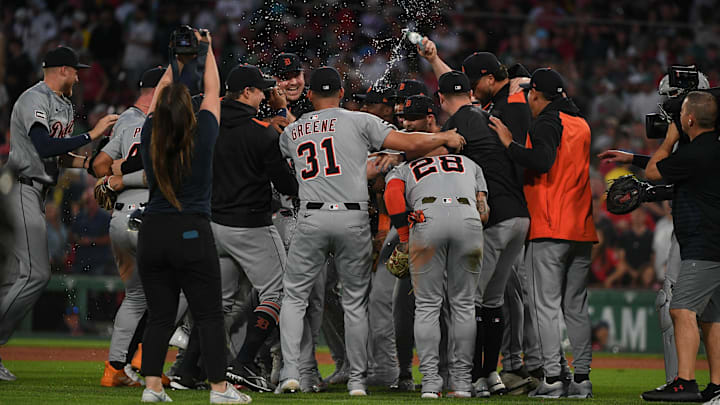 Sep 27, 2025; Boston, Massachusetts, USA; The Detroit Tigers celebrate their playoff berth after defeating the Boston Red Sox at Fenway Park. Mandatory Credit: Bob DeChiara-Imagn Images