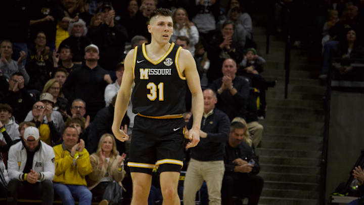 Jan. 18 2024; Columbia, Missouri, USA; Missouri Tigers guard Caleb Grill against the Arkansas Razorbacks at Mizzou Arena. / Amber Winkler/Missouri Tigers On SI Jan. 18 2024; Columbia, Missouri, USA; Missouri Tigers guard Caleb Grill against the Arkansas Razorbacks at Mizzou Arena. / Amber Winkler/Missouri Tigers On SI
