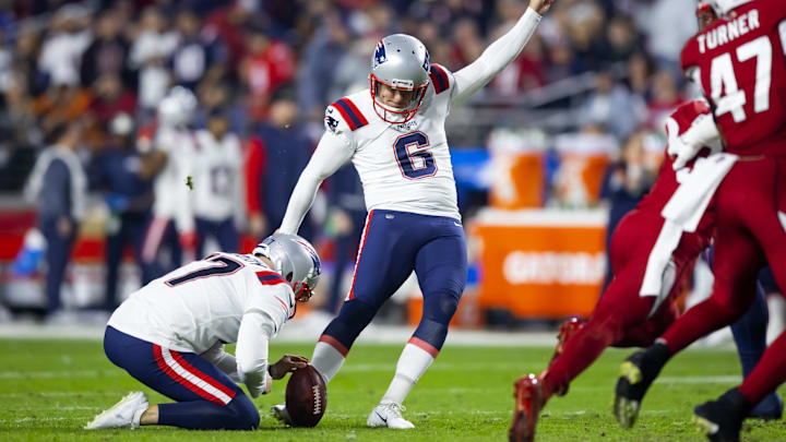 Dec 12, 2022; Glendale, Arizona, USA; New England Patriots kicker Nick Folk (6) against the Arizona