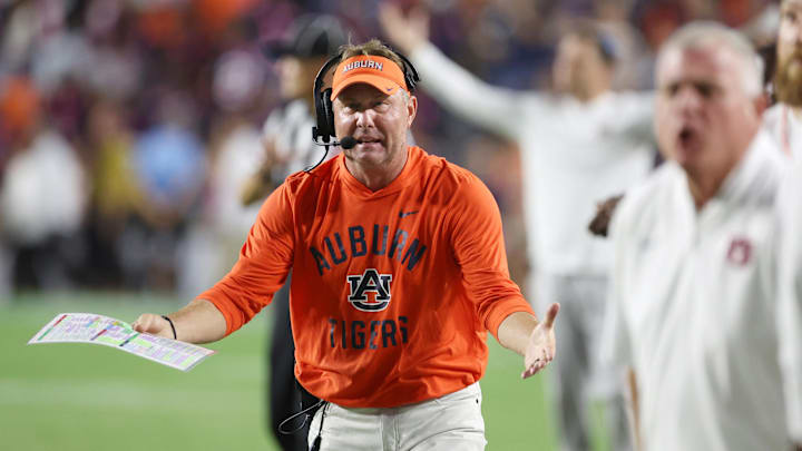 Oct 18, 2025; Auburn, Alabama, USA;  Auburn Tigers head coach Hugh Freeze reacts after a play during the fourth quarter against the Missouri Tigers at Jordan-Hare Stadium. Mandatory Credit: John Reed-Imagn Images