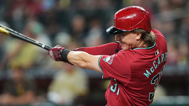 May 5, 2024; Phoenix, Arizona, USA; Arizona Diamondbacks outfielder Jake McCarthy (31) bats against May 5, 2024; Phoenix, Arizona, USA; Arizona Diamondbacks outfielder Jake McCarthy (31) bats against