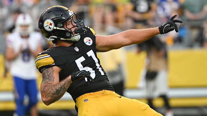 Aug 17, 2024; Pittsburgh, Pennsylvania, USA;  Pittsburgh Steelers linebacker Nick Herbig (51) celebrates after sacking Buffalo Bills quarterback Mitchell Trubisky (11) during the first quarter at Acrisure Stadium. Mandatory Credit: Barry Reeger-USA TODAY Sports