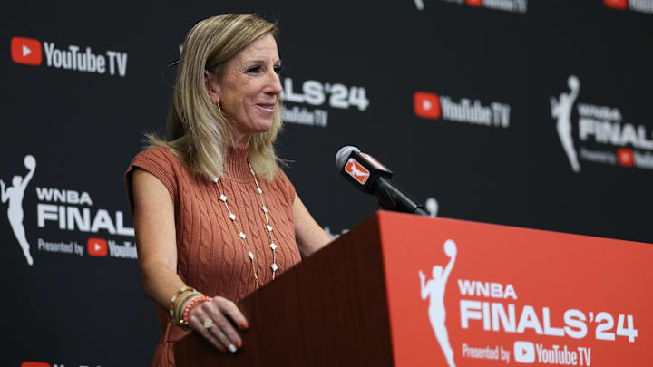 WNBA Commissioner Cathy Engelbert stands at the podium following Game 1 of the 2024 WNBA Finals