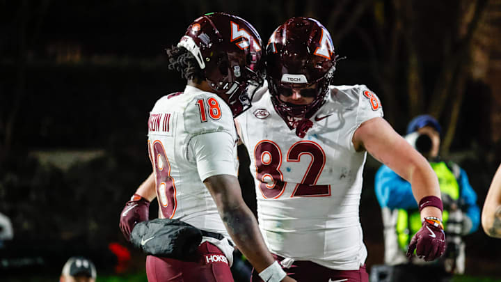 Nov 23, 2024; Durham, North Carolina, USA; Virginia Tech Hokies quarterback William Watson III (18) and tight end Benji Gosnell (82) celebrates a touchdown during the second half of the game against Duke Blue Devils at Wallace Wade Stadium. Mandatory Credit: Jaylynn Nash-Imagn Images Nov 23, 2024; Durham, North Carolina, USA; Virginia Tech Hokies quarterback William Watson III (18) and tight end Benji Gosnell (82) celebrates a touchdown during the second half of the game against Duke Blue Devils at Wallace Wade Stadium. Mandatory Credit: Jaylynn Nash-Imagn Images