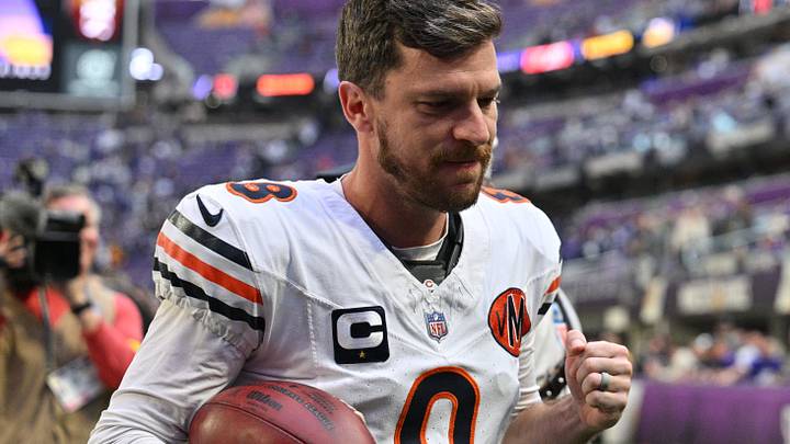 Nov 16, 2025; Minneapolis, Minnesota, USA; Chicago Bears kicker Cairo Santos (8) reacts after kicking a game-winning field goal against the Minnesota Vikings at U.S. Bank Stadium. Mandatory Credit: Jeffrey Becker-Imagn Images