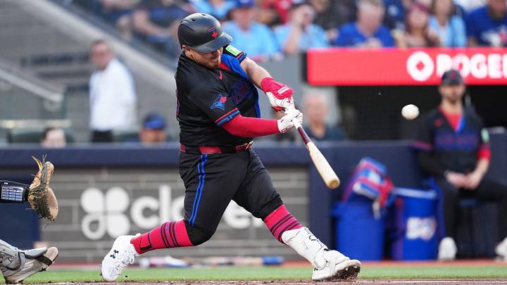 Jun 12, 2026; Toronto, Ontario, CAN; Toronto Blue Jays catcher Alejandro Kirk (30) hits an RBI double against the New York Yankees during the first inning at Rogers Centre. Jun 12, 2026; Toronto, Ontario, CAN; Toronto Blue Jays catcher Alejandro Kirk (30) hits an RBI double against the New York Yankees during the first inning at Rogers Centre.