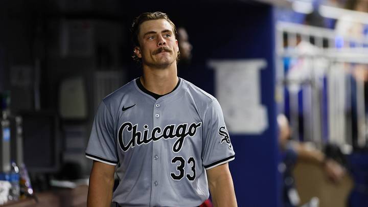 Jul 5, 2024; Miami, Florida, USA; Chicago White Sox starting pitcher Drew Thorpe (33) looks on from inside the dugout against the Miami Marlins during the fourth inning at loanDepot Park. Mandatory Credit: Sam Navarro-USA TODAY Sports Jul 5, 2024; Miami, Florida, USA; Chicago White Sox starting pitcher Drew Thorpe (33) looks on from inside the dugout against the Miami Marlins during the fourth inning at loanDepot Park. Mandatory Credit: Sam Navarro-USA TODAY Sports