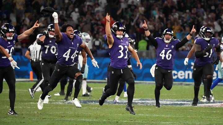 Sep 27, 2026; Rio De Janeiro, BRA; Baltimore Ravens place kicker Tyler Loop (33) celebrates with long snapper Nick Moore (46) and cornerback Marlon Humphrey (44) after kicking a 56-yard field goal as time expires against the Dallas Cowboys during the 2026 NFL Rio Game at Maracana Stadium. Mandatory Credit: Kirby Lee-Imagn Images