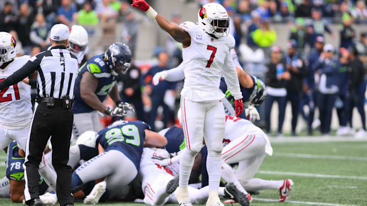 Oct 22, 2023; Seattle, Washington, USA; Arizona Cardinals linebacker Kyzir White (7) celebrates a