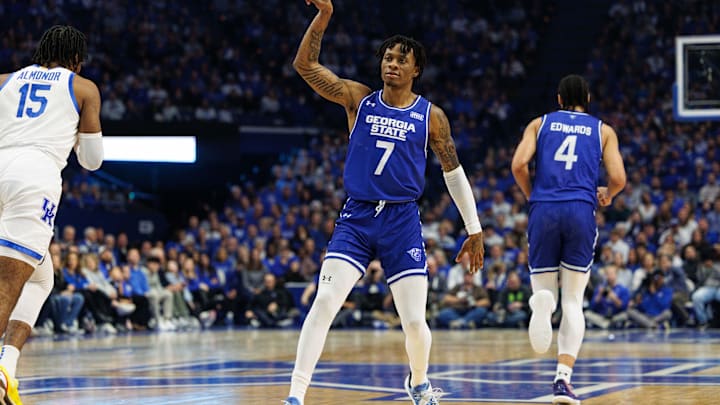 Nov 29, 2024; Lexington, Kentucky, USA; Georgia State Panthers forward Zarique Nutter (7) reacts after making a three point basket during the first half against the Kentucky Wildcats at Rupp Arena at Central Bank Center. Mandatory Credit: Jordan Prather-Imagn Images