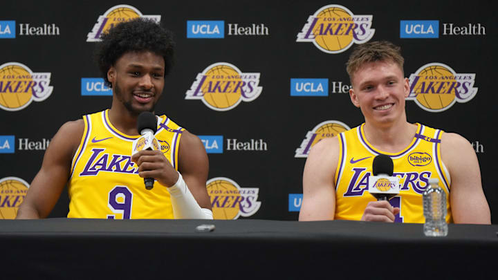 Sep 30, 2024; El Segundo, CA, USA; Los Angeles Lakers guard Bronny James (9) and forward Dalton Knecht (4) during media day at the UCLA Health Training Center. Mandatory Credit: Kirby Lee-Imagn Images
