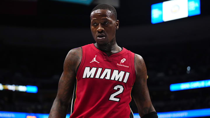 Nov 8, 2024; Denver, Colorado, USA; Miami Heat guard Terry Rozier (2) during the second quarter against the Denver Nuggets at Ball Arena. Mandatory Credit: Ron Chenoy-Imagn Images