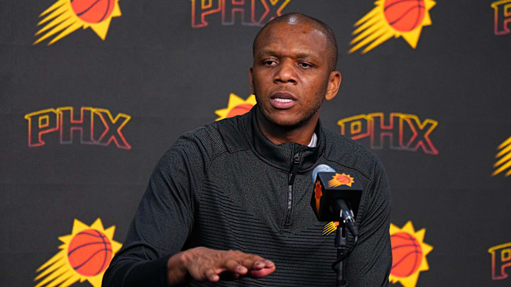 Suns GM James Jones speaks with the press during a press conference at the Footprint Center in Phoenix on May 1, 2024. Suns GM James Jones speaks with the press during a press conference at the Footprint Center in Phoenix on May 1, 2024.